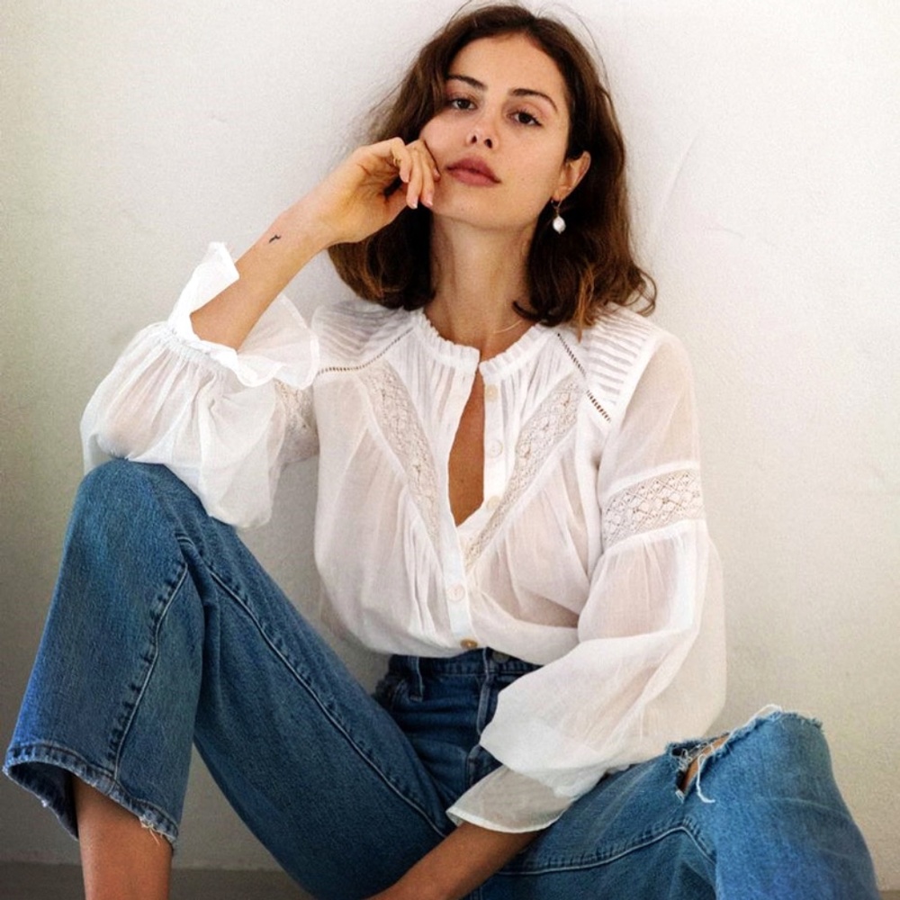 Boho White frill neck button down long sleeve top - Picture 2 of 10
